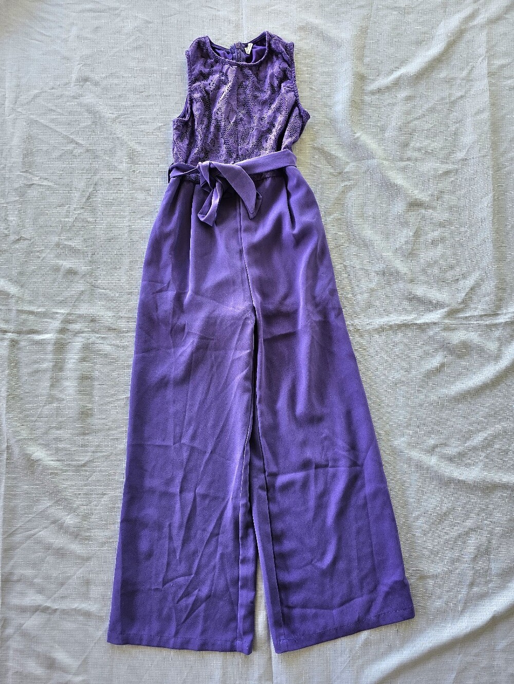 Girl's Lace Round Neck Sleeveless Belted Wide Leg Jumpsuit One Piece Purple 10